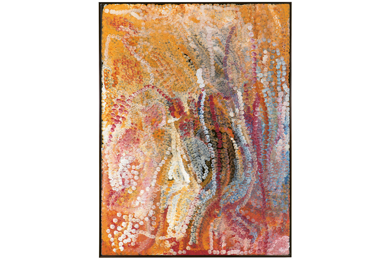 Emily Kam Kngwarray, Untitled – Winter Awelye, 1995, peinture à polymère synthétique sur toile de lin, 122 × 91 cm © Avec l’aimable autorisation de D Lan Galleries.